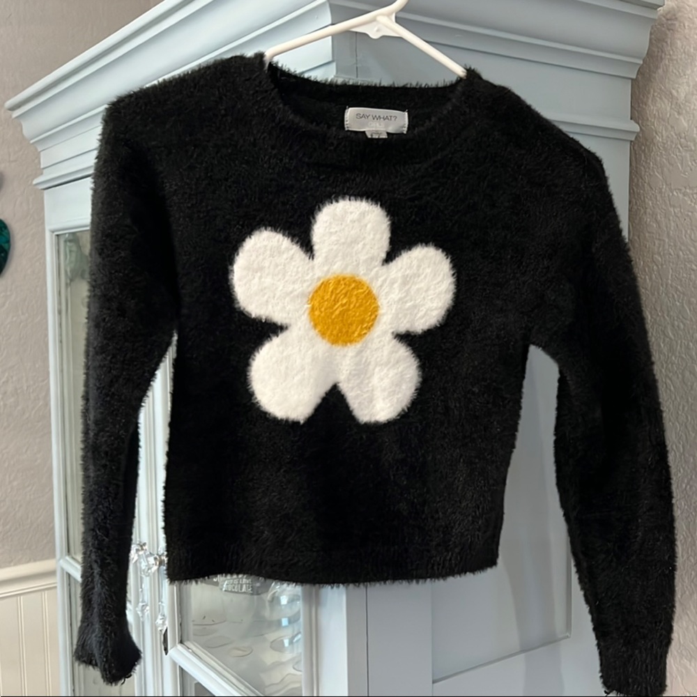 Say What? Black and White Crew Neck Sweater with Daisy Design